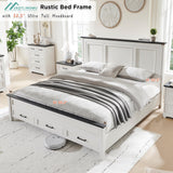 JXQTLINGMU Farmhouse Queen Wood Bed Frame with 52" Tall Headboard & Footboard, Platform Bedframe with Hidden Storage Drawers, Noiseless, No Box Spring Required, Antique White JXQTLINGMU
