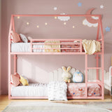 LIKIMIO Bunk Bed Twin Over Twin, House Bunk Bed Frame with Ladder and Guardrail, House Shaped with Metal Slats for Dormitory and Bedroom, Space Saving, No Box Spring Needed, Pink LIKIMIO