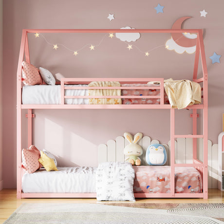 LIKIMIO Bunk Bed Twin Over Twin, House Bunk Bed Frame with Ladder and Guardrail, House Shaped with Metal Slats for Dormitory and Bedroom, Space Saving, No Box Spring Needed, Pink LIKIMIO