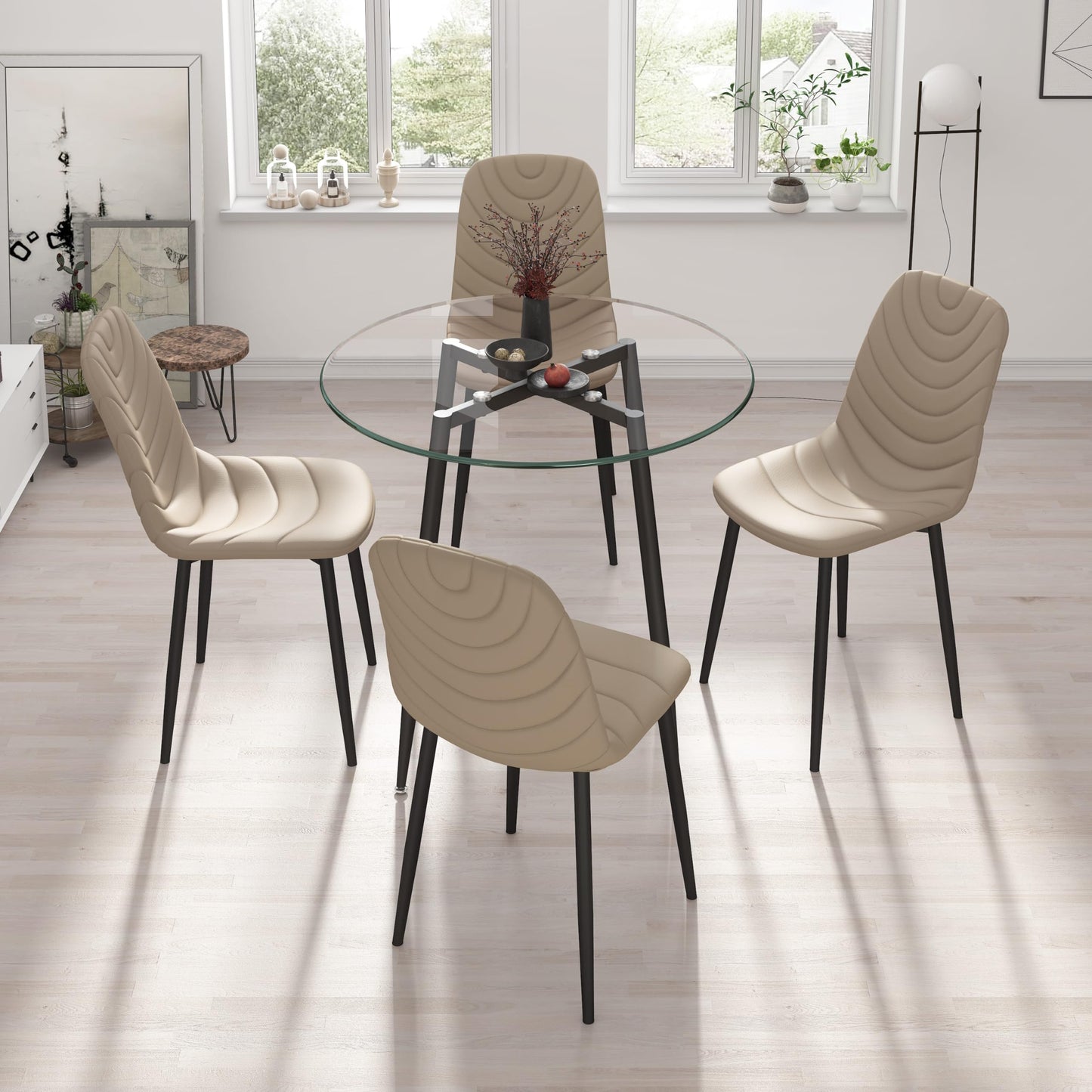 Anchorhome Modern 5-Piece 35.4" Round Glass Dining Room Table Set with Faux Leather Chairs for 4 Person - Space-Saving Kitchen Furniture for Small Apartments (5-PIECE(Beige))