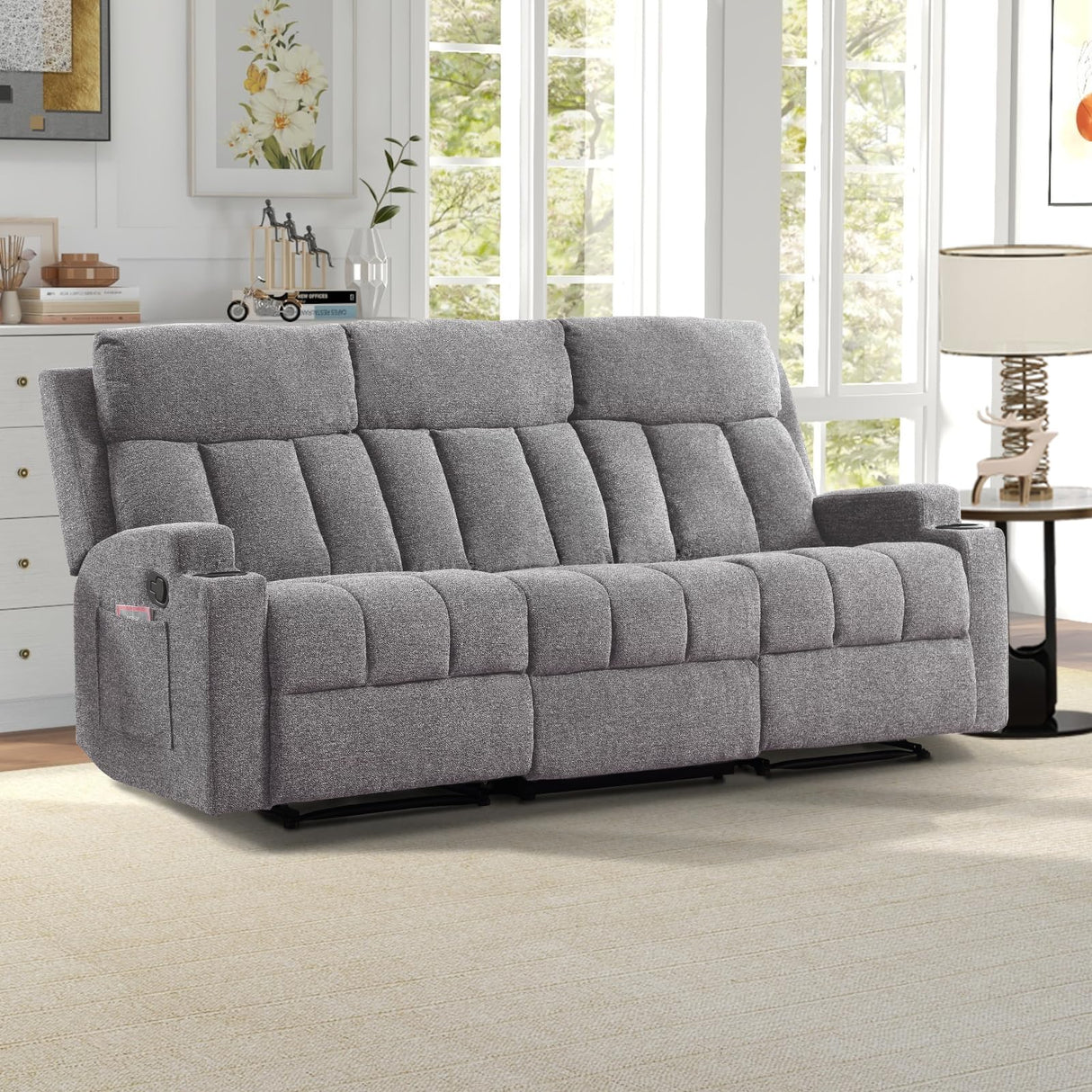 CANMOV Manual Fabric Reclining 3 Seat Sofa Couch with 2 Cup Holders, 3 Seater Recliner Sofa Couch with Armrest and Pockets for Living Room, Bedroom Furniture, Gray CANMOV