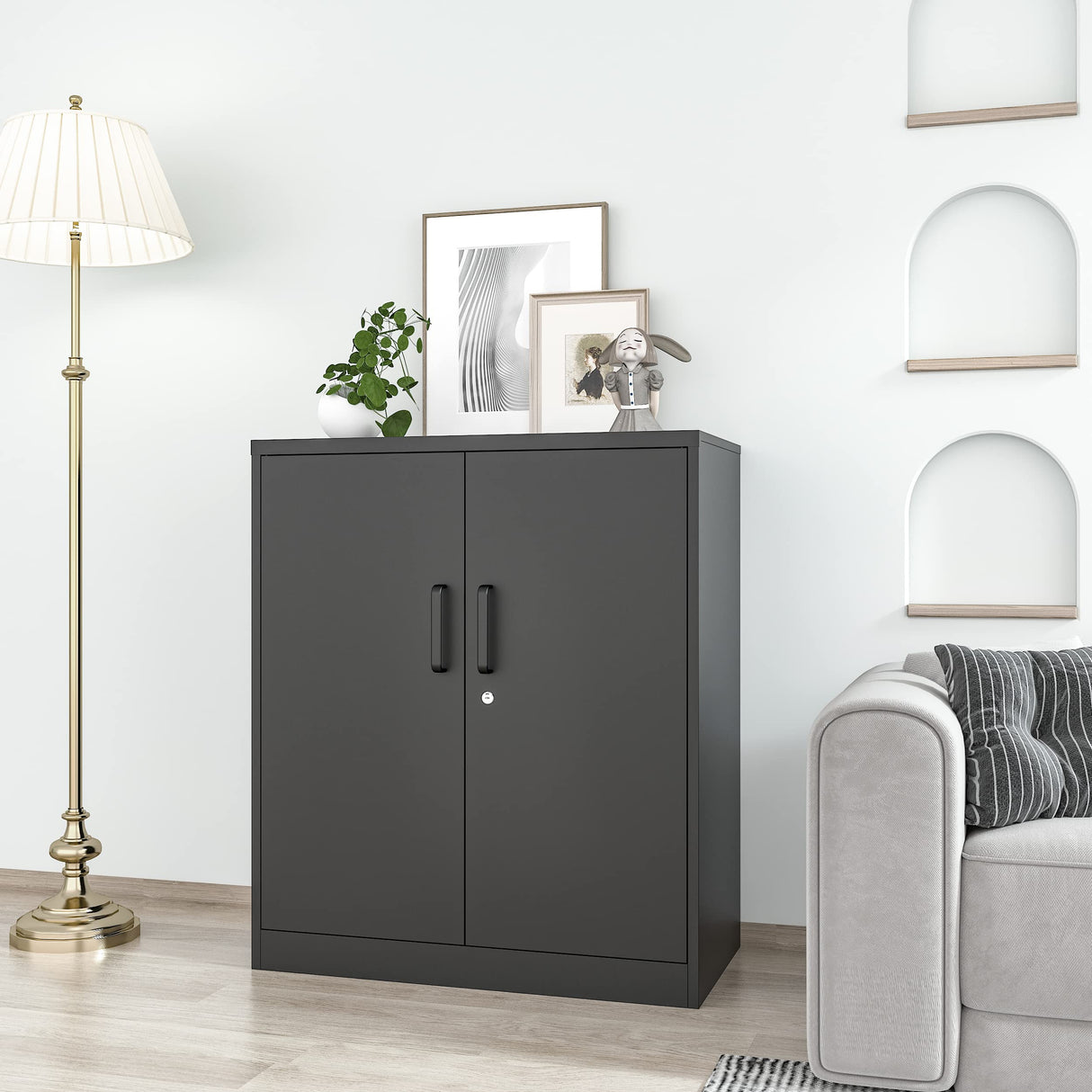 AFAIF Metal Storage Cabinets with Locking Doors&2 Adjustable Shelves, Lockable Steel Office Cabinet, Black Counter Cabinet Small Locking Cabinet Locked Tool Cabinet for Home, Office, Garage, Hallway AFAIF