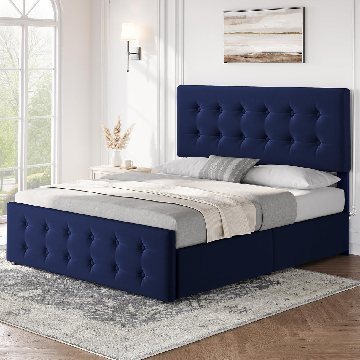 IDEALHOUSE Queen Size Bed Frame with 4 Storage Drawers and Headboard, Velvet Upholstered Platform Bed Frame with Wooden Slats Support, Button Tufted Design, No Box Spring Needed, Blue IDEALHOUSE