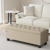 SONGMICS Storage Ottoman, Storage Bench, Tufted Entryway Bedroom Bench, 17.7 x 46.5 x 17.7 Inches, Hinges Easy Lid Operation, Wooden Legs, Linen-Look Cover, Loads 330 lb, Camel Brown ULOM070K01 SONGMICS