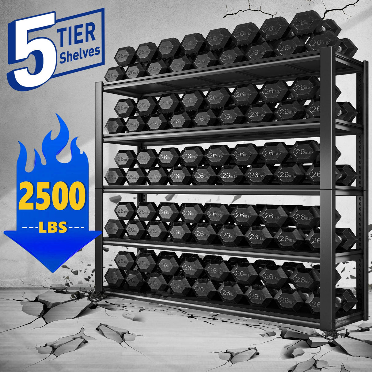 REIBII 48.2''W Garage Shelving 2500LBS Storage Shelves Heavy Duty Shelving 5 Tier Adjustable Metal Shelves for Garage Shelves Storage Rack Industrial Utility Shelf, 48.2''W X 72''H X18''D REIBII