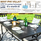 PHI VILLA 7 Piece Outdoor Dining Set for 6, 60” Rectangular Metal Steel Dining Table with Umbrella Hole & Stackable Dining Chairs for Patio, Deck, Yard, Garden PHI VILLA