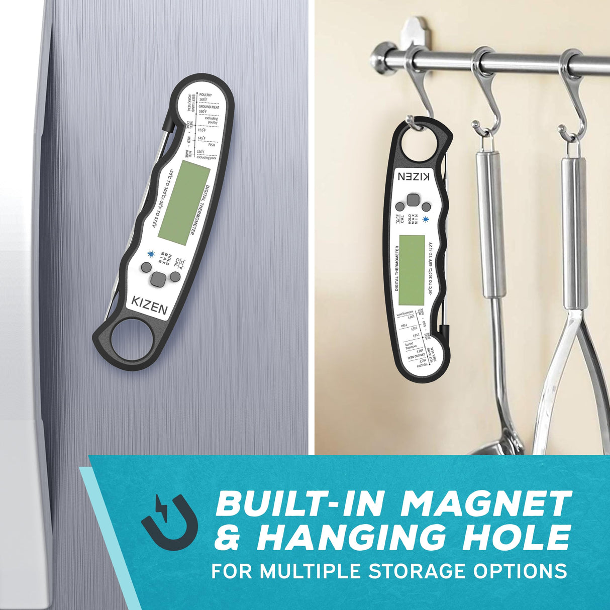 KIZEN Instant Read Meat Thermometer Digital - Food Thermometer for Cooking, Grill, Oven, BBQ - Waterproof and Backlit Display KIZEN