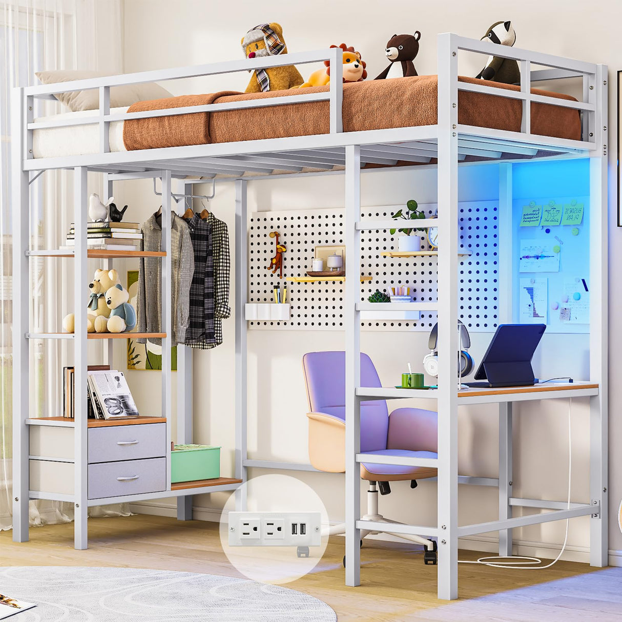 Hasuit Metal Loft Bed Twin Size with Desk and Charging Station White Twin Loft Bed with LED Lights, 4 Storage Shelves and 2 Fabric Drawers, Twin Size Loft Bed with Safety Guard, Clothes Rail & Ladder Hasuit