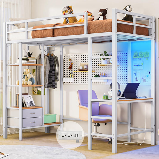 Hasuit Metal Loft Bed Twin Size with Desk and Charging Station White Twin Loft Bed with LED Lights, 4 Storage Shelves and 2 Fabric Drawers, Twin Size Loft Bed with Safety Guard, Clothes Rail & Ladder