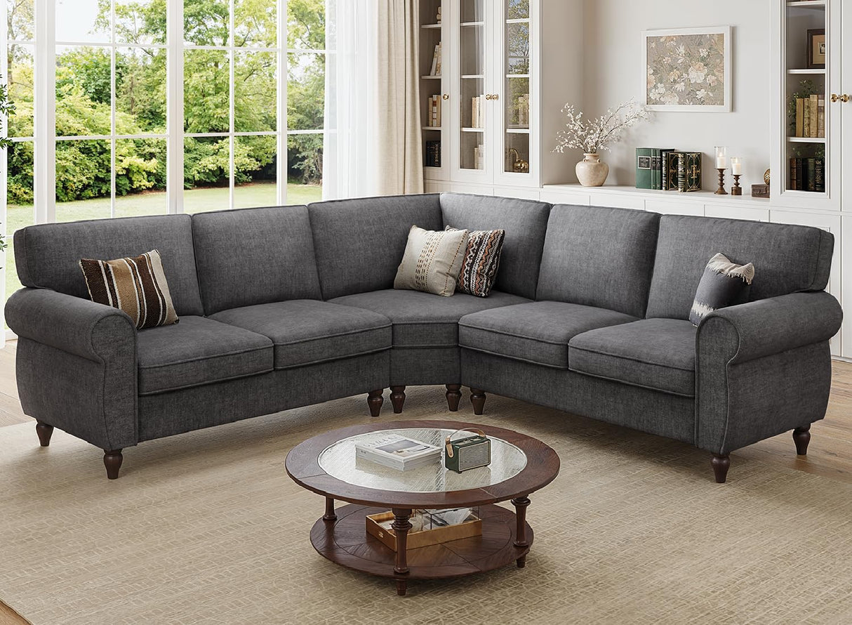 ONBRILL 101" L Shaped Couch, Sectional Corner Sofa with Rolled Arms, 5 Seater Chenille Fabric Couch w/Springs Seat Cushion, Wooden Legs, Comfy Oversized Sofa for Living Room, Apartment, Grey ONBRILL