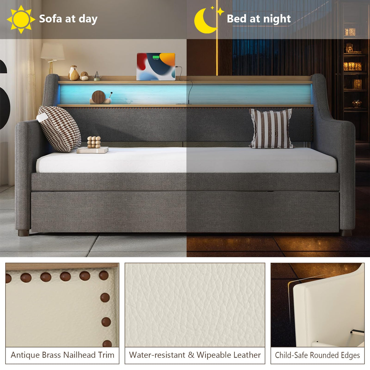 Twin Upholstered Daybed & Roll-Out Trundle, Linen Frame with LED Light, Built-in Charging Station, Storage Headboard & Rolling Guest Bed for Living Room Bedroom Guest Room, Gray Lyngins