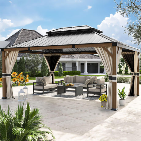UDPATIO 12' x 16' Hardtop Gazebo, Wood Grain Finish Aluminum Frame Outdoor Gazebo with Galvanized Steel Double Roof, Metal Gazebo Canopy with Curtain and Netting for Patio, Deck and Lawn, Beige UDPATIO