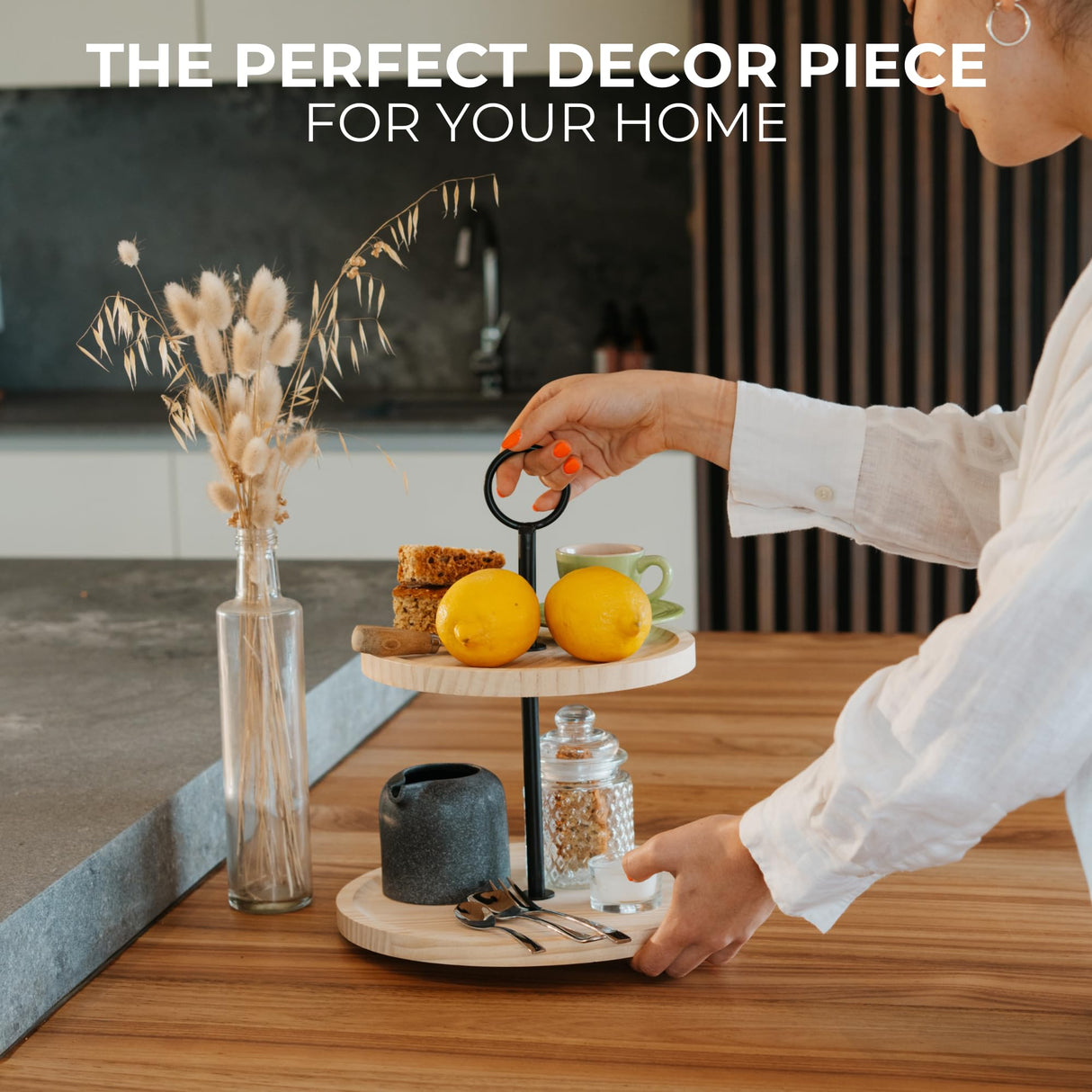 Decorative Wooden Tiered Tray Stand - Beautiful Two Tiered Coffee Table Serving Tray Enhances Your Seasonal Modern Farmhouse Decor - The Perfect Centerpiece for Your Fall Table Decorations KIBAGA