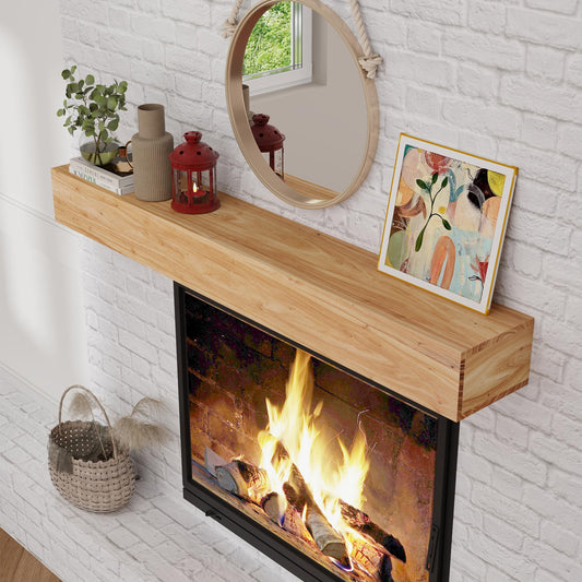 Fireplace Mantel | 55" W Elm Wood Floating Shelves | Handcrafted Hollow Distressed Beam | Wall Mounted Wooden Display Shelfing | with Invisible Heavy Duty Bracket | 55W x 6H x 8D