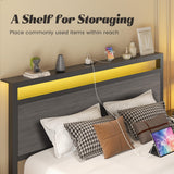 Fluest Queen Bed Frame with Headboard & Footboard, Bed Frame with Built-in Charging Station & LED Light, Storage Shelf, Noise-Free, No Box Spring Needed, Easy Assembly, Rustic Grey Fluest