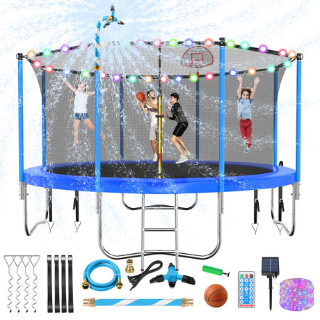 Lyromix Upgraded 12FT Trampoline for Kids and Adults, Large Outdoor Trampoline with Stakes, Light, Sprinkler, Basketball Hoop and Net, Capacity for 4-6 Kids and Adults Lyromix