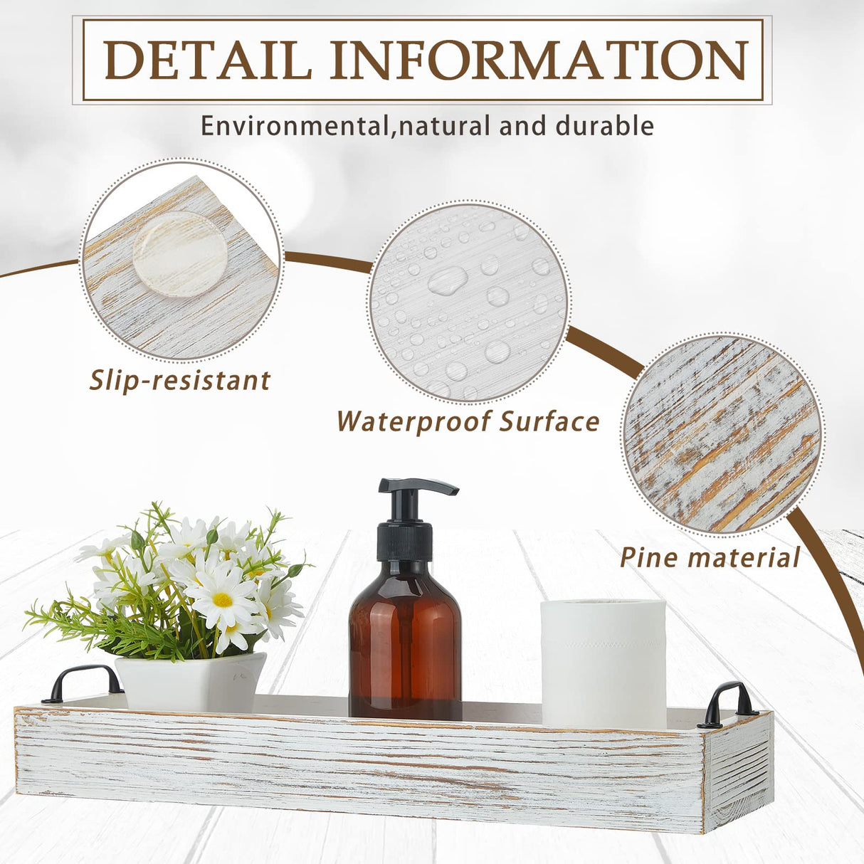 2 Pack Rustic Wooden Serving Trays Rustic Wooden Long Serving Trays with Handle Rectangular Ottoman Tray for Home Room Coffee Table Farmhouse Serving Decoration (Whitewashed) Maitys