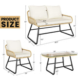 Yaheetech 4 Piece Patio Furniture Set, Outdoor Wicker Conversation Sets, Boho Loveseat & 2 Armchairs with Cushion and Pillow, Glass Top Table for Backyard, Porch, Balcony, Deck - Tan/Cream Yaheetech