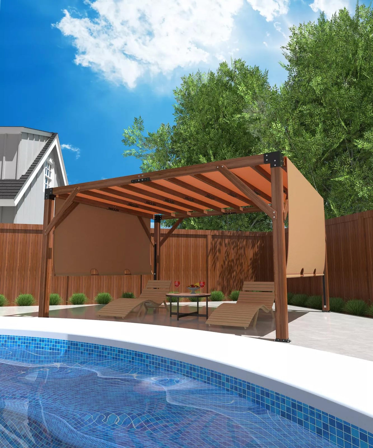 12'X 14' Cedar Wood Pergola, Wood Patio Pergola with Retractable Shade Canopy, Rot Resistant, Durable, for Backyard, Garden, Deck, Outdoor Entertaining Amenitlif