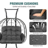Pamapic Double Egg Chair wth Stand, 700 LBS Loveseat Rattan Swing Chair, UV Resistant Cushions with Armrests and Headrest, Thick Steel Frame Hammock Swing for Outdoor, Patio, Indoor(Grey) Pamapic