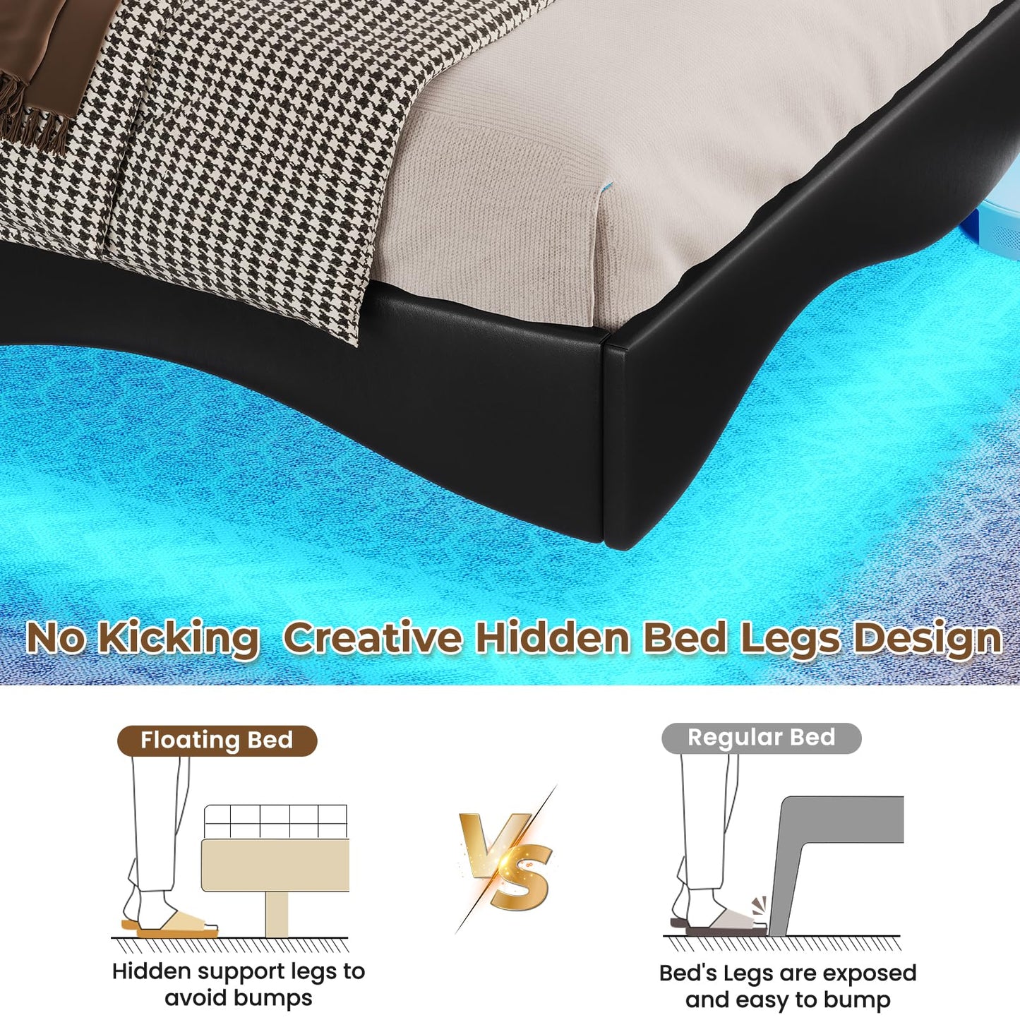 BTHFST Floating King Size Bed Frame with LED Lighting and Hidden Storage Headboard - WoodArtSupply