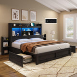 AMERLIFE Black Queen Bed Frame with 4 Storage Drawers, LED Bookcase Headboard and Charging Station AMERLIFE