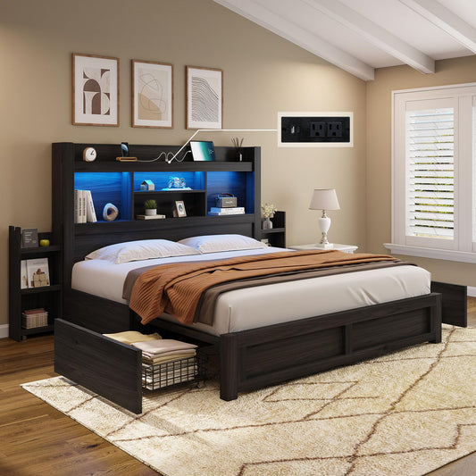 AMERLIFE Black Queen Bed Frame with 4 Storage Drawers, LED Bookcase Headboard and Charging Station - WoodArtSupply