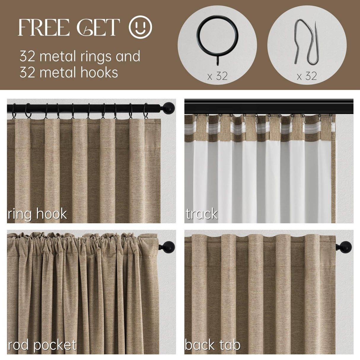 Topfinel Taupe Burlap Linen Blackout Curtains & Drapes 84 Inch Length 2 Panels Set, Flax Linen Brown Tan Beige Room Darkening Soundproof Cabin Curtains with Hooks Rings for Bedroom Living Room Topfinel