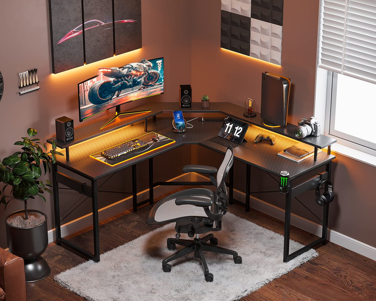 ODK L Shaped Gaming Desk with LED Lights & Power Outlets, 51" Computer Desk with Full Monitor Stand, Corner Desk with Cup Holder, Gaming Table with Hooks, Black Carbon Fiber - WoodArtSupply