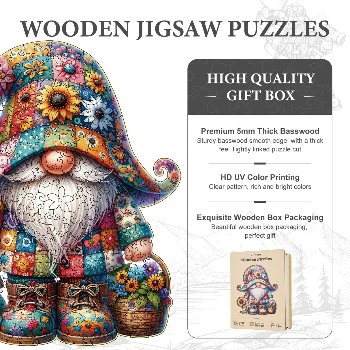 Hlison Wooden Jigsaw Puzzles, Gnome Wooden Puzzles for Adults with Unique Shape, Medium 10.3"x11.8" Wooden Puzzles with Exquisite Wooden Box Packaging Hlison