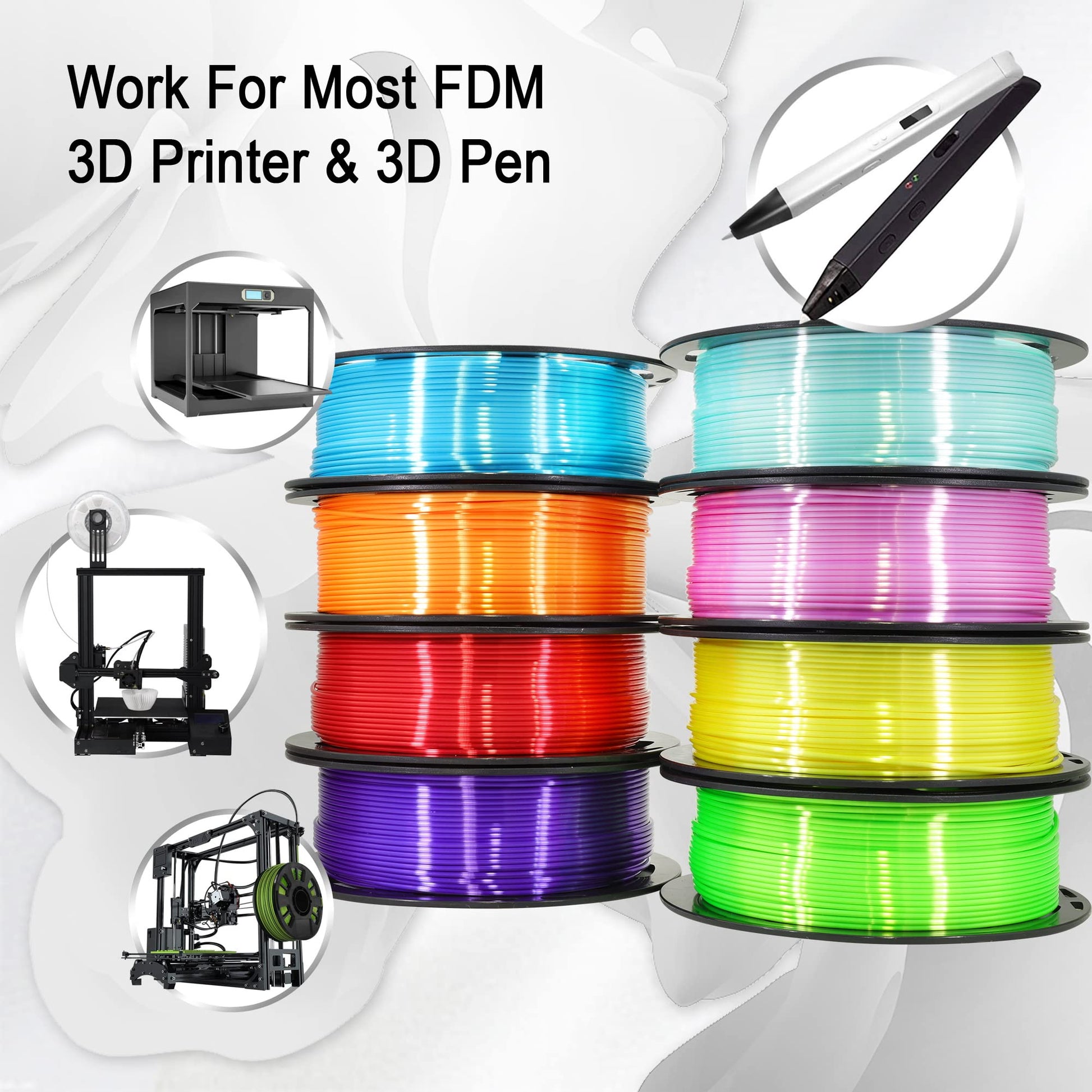 1.75mm Silk Shiny PLA 3D Printer Filament 8 Bright Colors Bundle: Silk Yellow/Lime Green/Orange/Sky Blue/Pink/Cyan/Red/Purple, Each Spool 250g, Total 2Kg 3D Printing Material, 250g x 8 Spools - WoodArtSupply