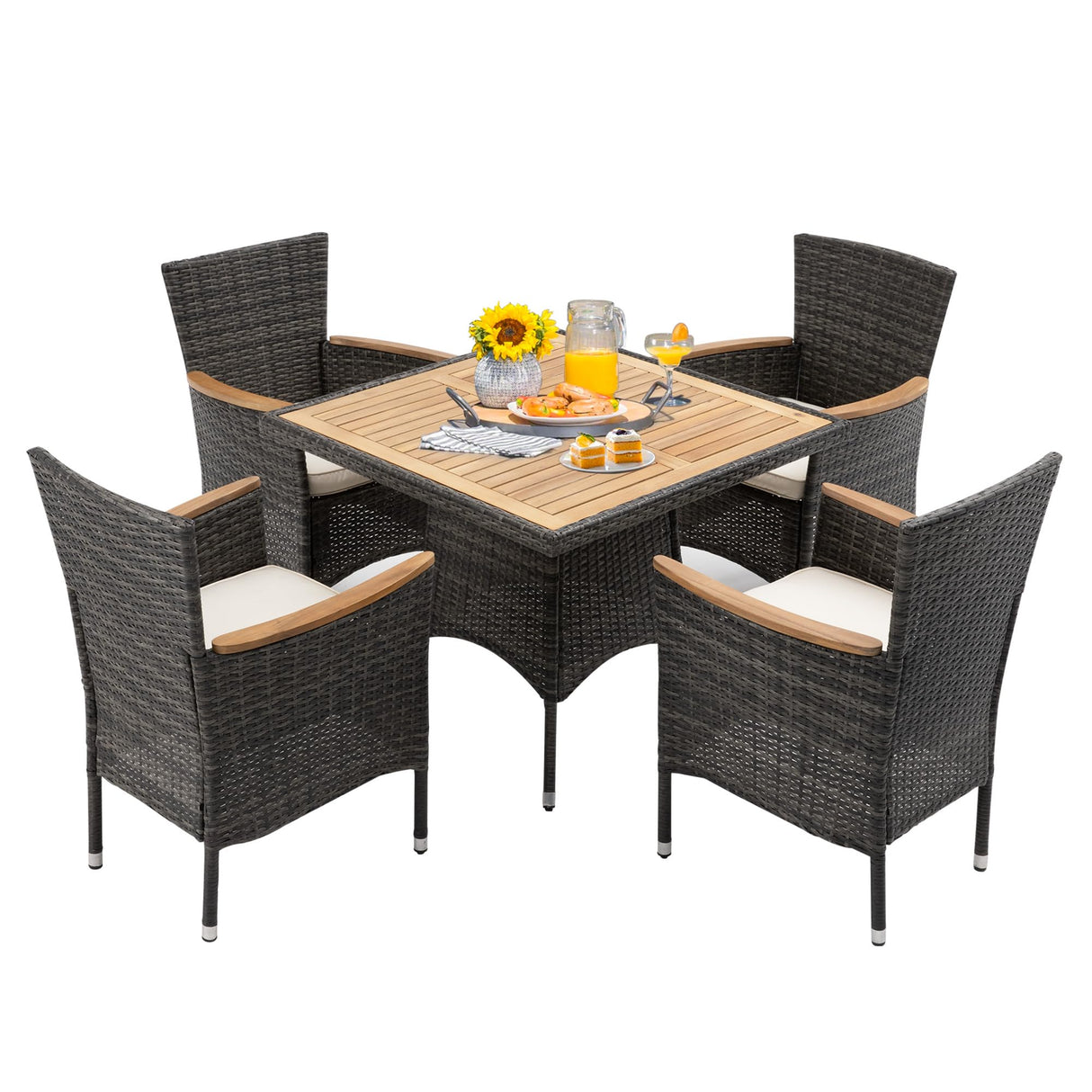 FansaFurn 5 Piece Patio Wicker Dining Sets for 4, Water-Resistant Rattan Outdoor Dining Table and 4 Chairs with Wood Table Top, Conversation Set Removable Cushions for Deck, Garden, Backyard, Gray FansaFurn