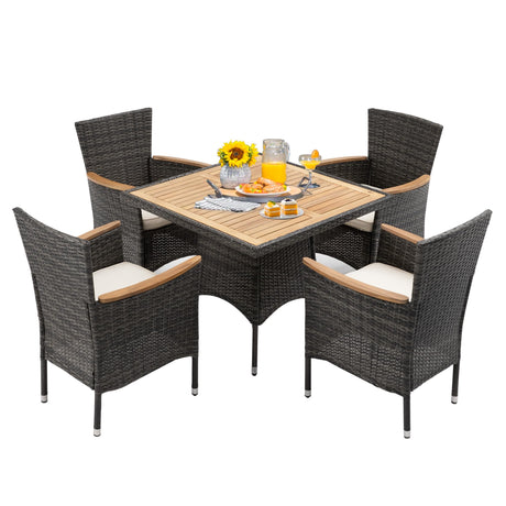 FansaFurn 5 Piece Patio Wicker Dining Sets for 4, Water-Resistant Rattan Outdoor Dining Table and 4 Chairs with Wood Table Top, Conversation Set Removable Cushions for Deck, Garden, Backyard, Gray FansaFurn