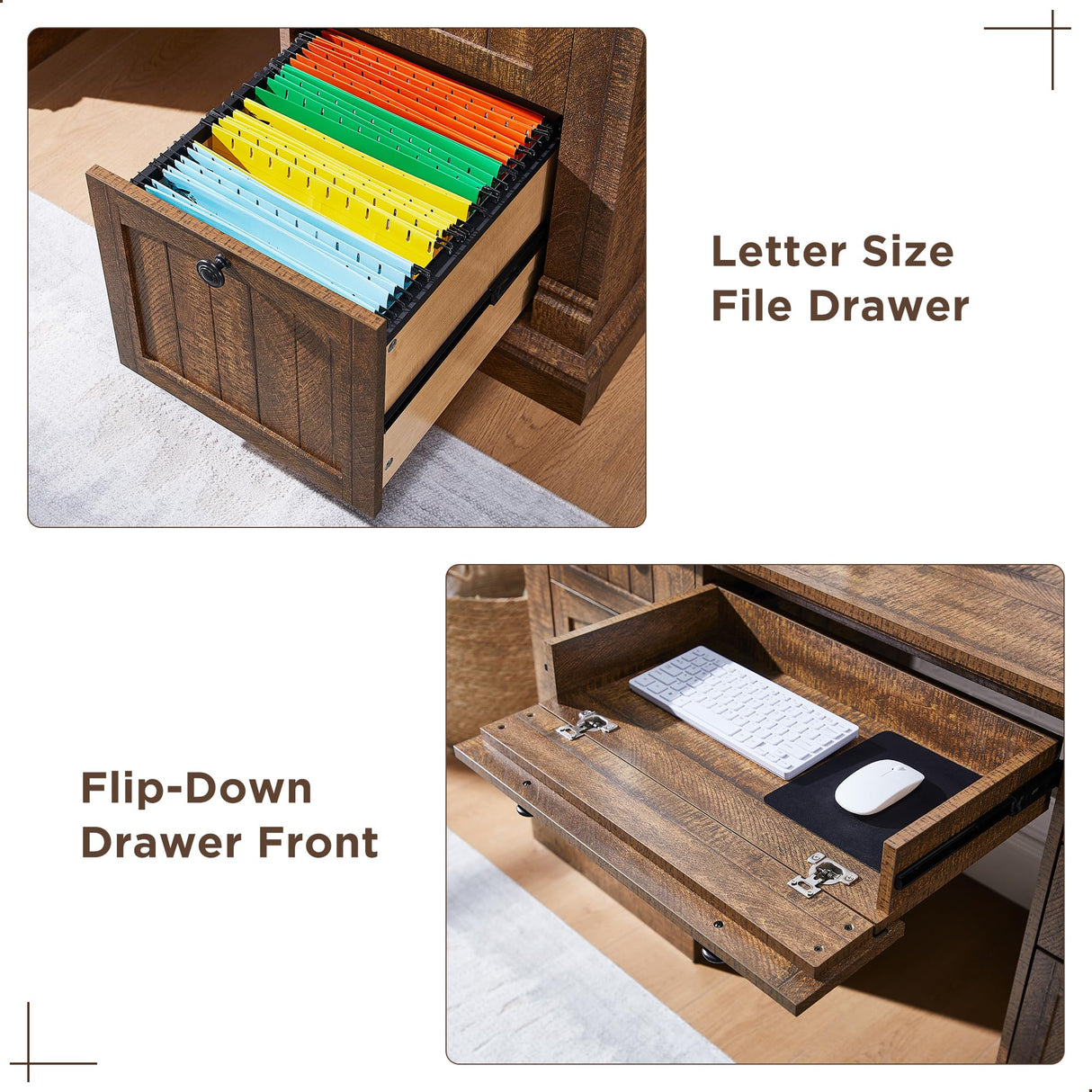 OKD 60" Executive Desk with Drawers, Farmhouse Home Office Desk with Charging Station, Keyboard Tray, File Cabinet Storage, Wood Computer Desk for Work and Study, Reclaimed Barnwood OKD