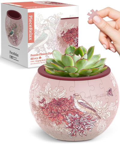 PieceRelax 3D Puzzle Planter - Singing Birds and Flowers - Small Round Plant Pots with Drainage, Home Decor Flower Pots for Indoor Cactus, Succulents Pots [K1100]