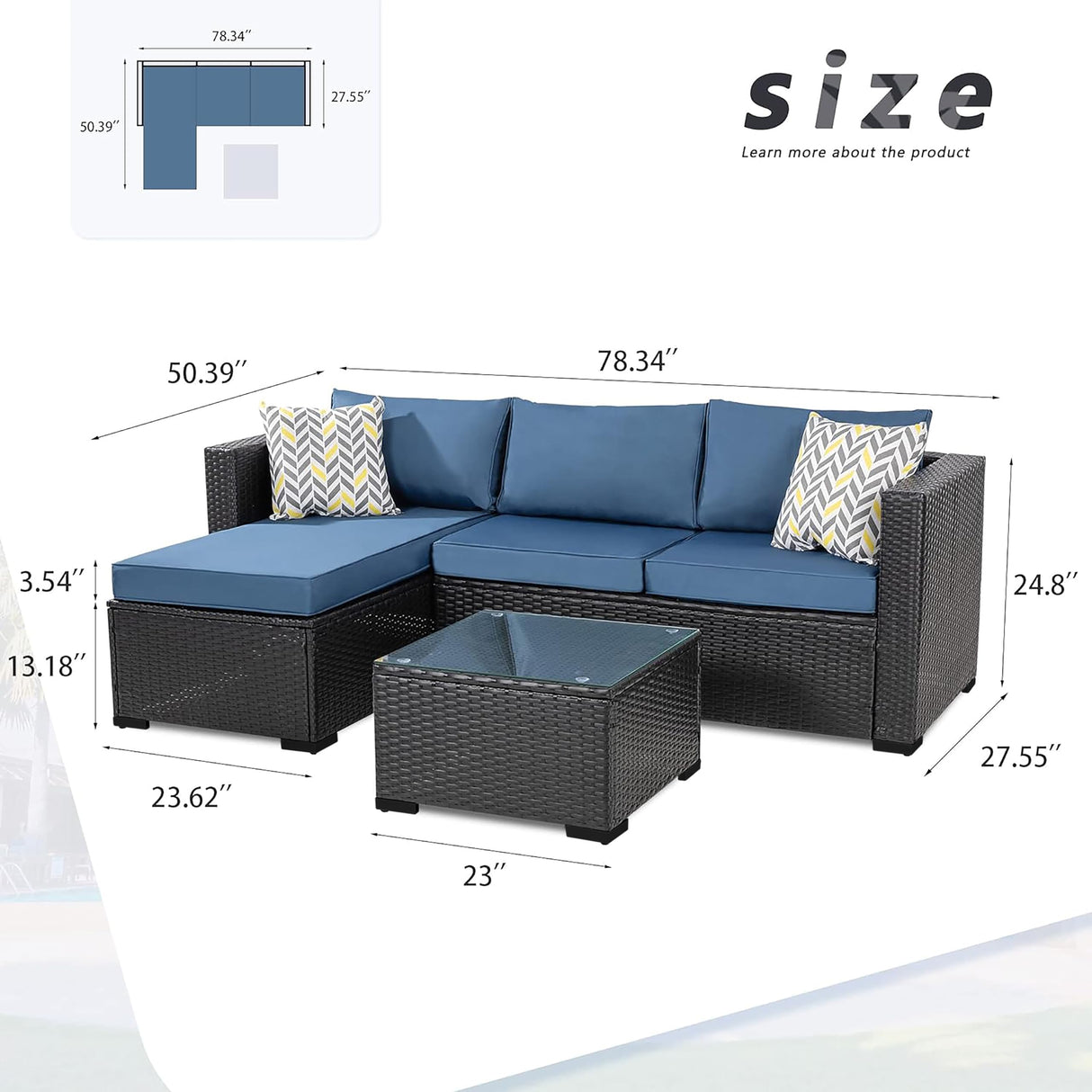 Shintenchi 3 Pcs Patio Furniture Set,Outdoor Sectional Black Wicker Patio Conversation Set,All-Weather Rattan Patio Couch with Washable Cushions and Glass Coffee Table(Navy Blue) Shintenchi