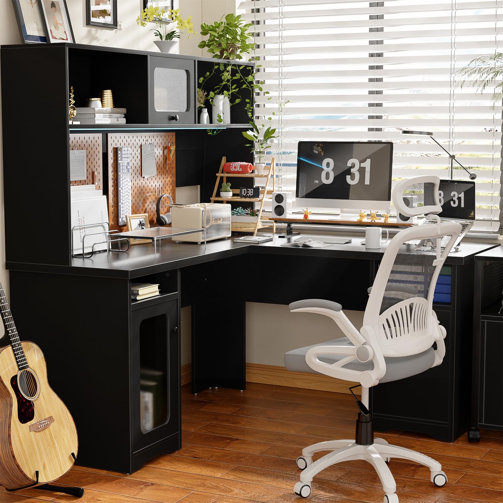 Unikito Office Desk with Drawers and Hutch, Large L Shaped Computer Desks with Power Outlet and LED Lights, 60 Inch Modern Corner Desk with File Cabinets, Sturdy 2 Person Home Office Table, B - WoodArtSupply