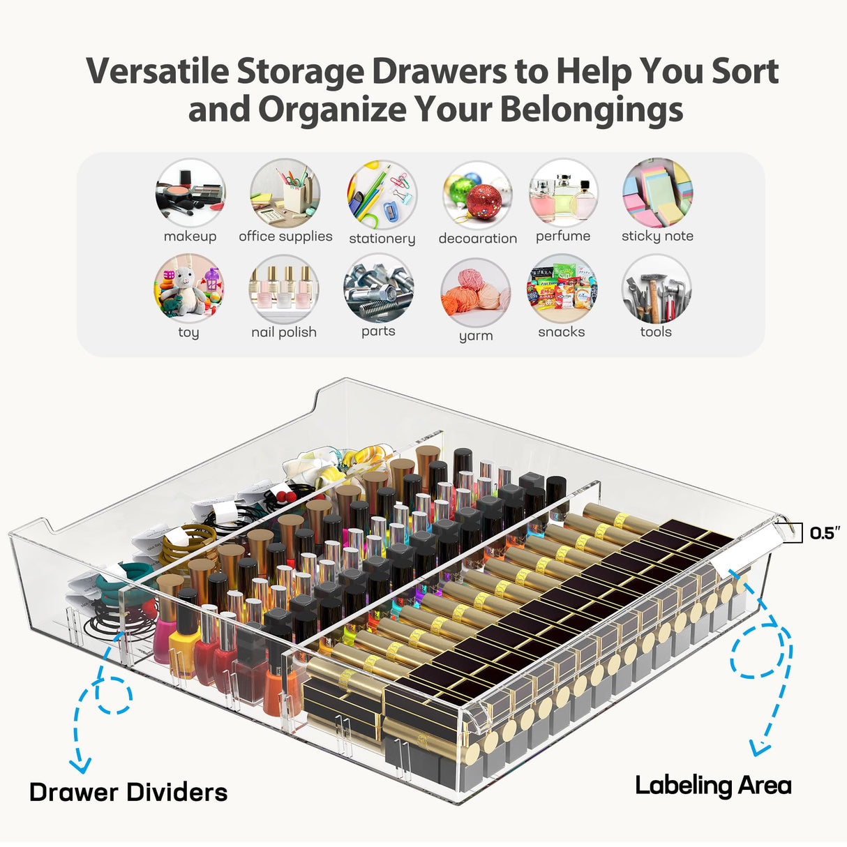 WOPITUES Plastic Storage Drawer Cart, Makeup Organizer and Storage with 10 Large Clear Drawers, Utility Wooden Rolling Cart on Wheels, for Cosmetic, Art Craft, Parts, Office Supplies, Toy, White WOPITUES