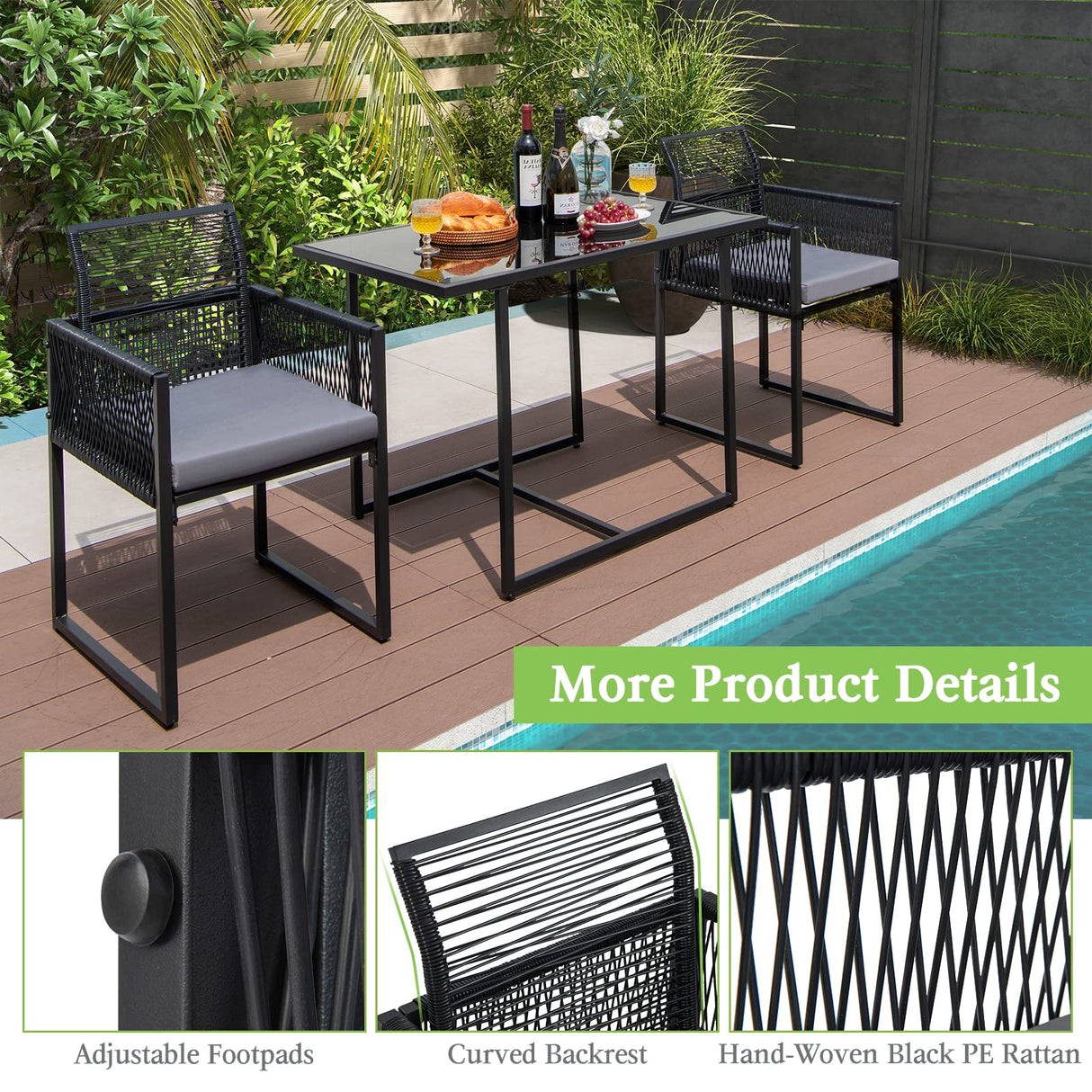 Tangkula 3 Pieces Outdoor Dining Set, Patio PE Rattan Furniture Set with Folding Backrest, Cozy Seat Cushions, Tempered Glass Tabletop, Space-Saving Rattan Chair Table Set for Backyard, Poolside Tangkula