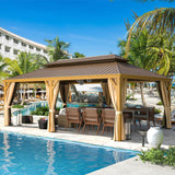 MELLCOM 14' x 22' Gazebo, Hardtop Gazebo Wood-Looking Gazebo with Galvanized Steel Double Roof, Aluminum Frame, Outdoor Patio Hardtop Gazebo with Netting and Curtains for Deck, Backyard, Patio, Lawns MELLCOM