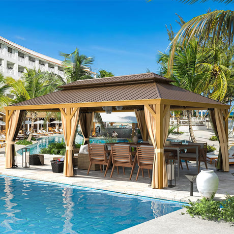 EROMMY 14' x 22' Gazebo, Hardtop Gazebo Wood-Looking Gazebo with Galvanized Steel Double Roof, Aluminum Frame, Outdoor Patio Hardtop Gazebo with Netting and Curtains for Deck, Backyard, Patio, Lawns EROMMY