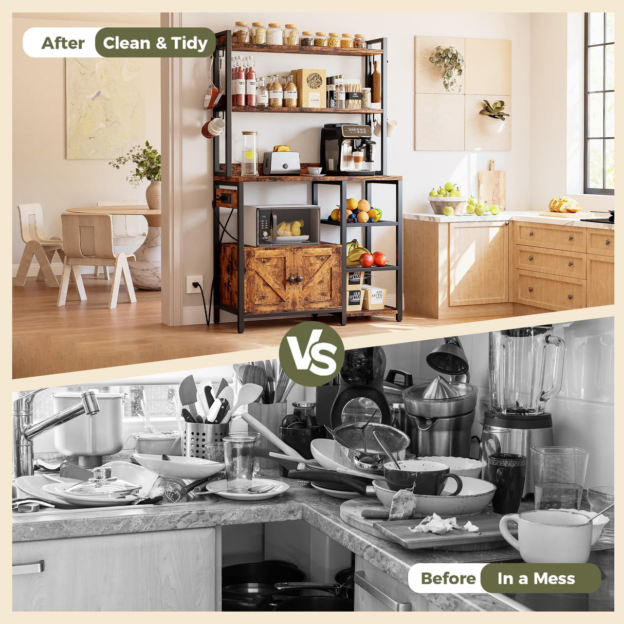 IRONCK Bakers Rack with Cabinet & Power Outlets, Microwave Stand with Storage Shelves, Tall Kitchen Bakers Rack with Hutch, Coffee Bar, 8 Hooks, Rustic Brown IRONCK