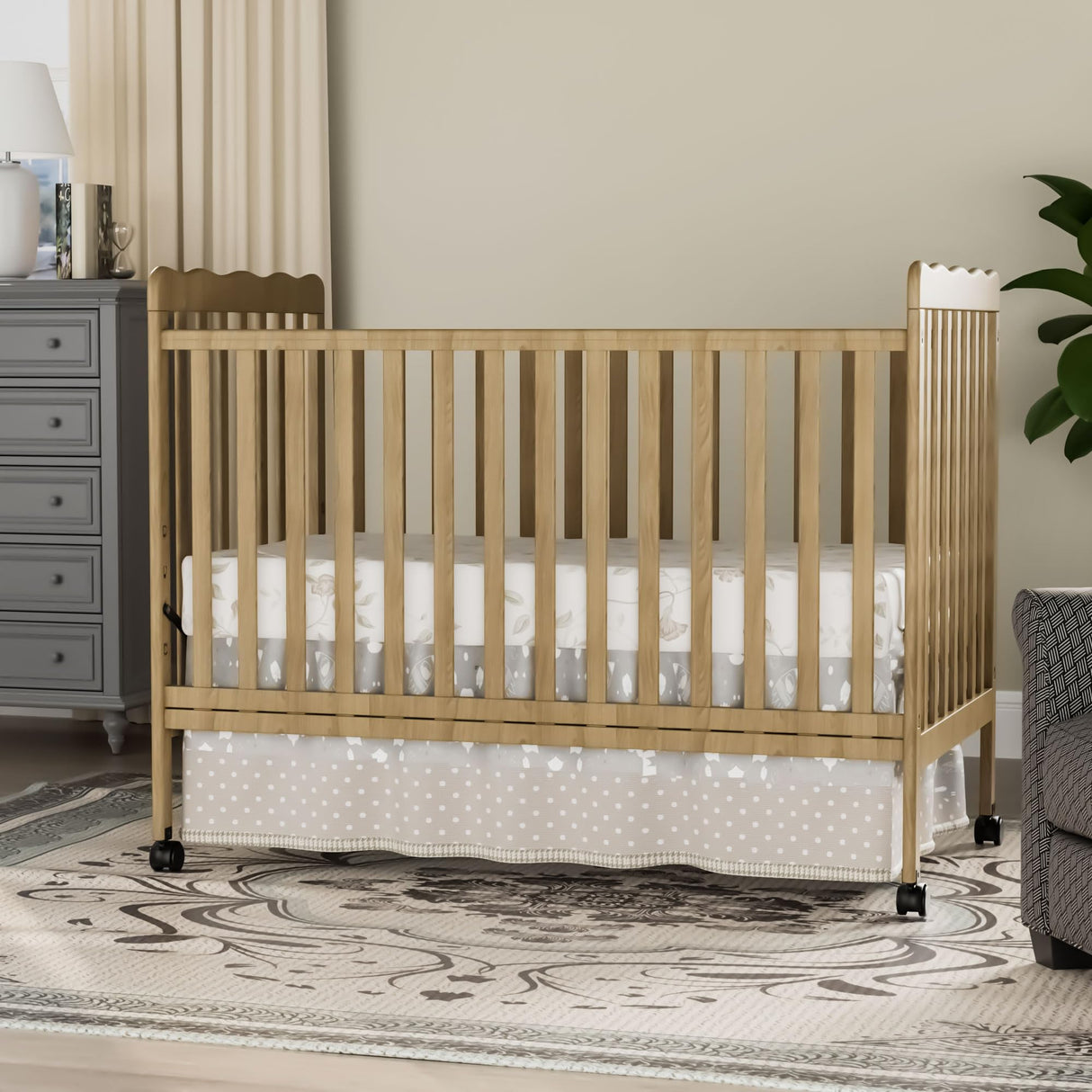 Saylike Baby Crib, 3-in-1 Convertible Crib Wood Full Size Toddler Bed with Locking Wheels for Nursery Furniture, Non-Toxic Finish (Natural) Saylike