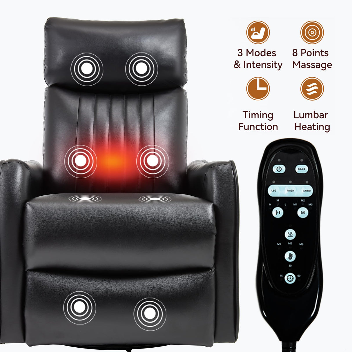 PELUMY Recliner Chair Swivel Rocking with Heat Massage - 360° Manual Recliner, 8-Point Vibrating & Lumbar Heat, Easy Assembly Chair for Living Room (Breathable Leather, Black) PELUMY