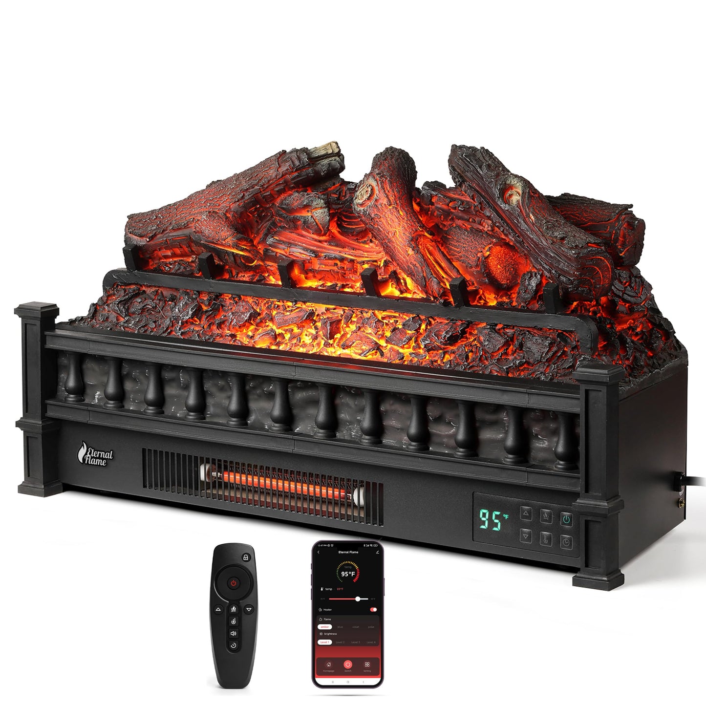 TURBRO Eternal Flame 26 in. WiFi Infrared Quartz Electric Fireplace Log Heater with Sound Crackling, Realistic Lemonwood Logs, Adjustable Flame Colors, Remote Control, Thermostat, Timer, 1500W Black