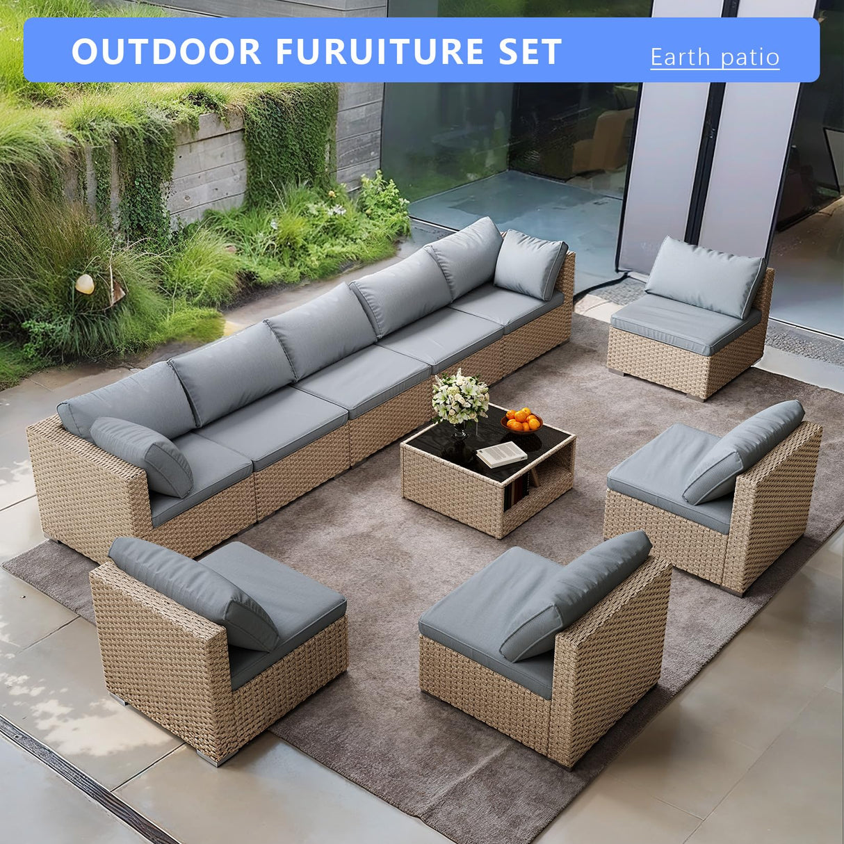 9-Piece Patio Furniture Set, Outdoor Wicker Conversation Set Sectional Sofa with Waterproof Thick Cushions and Coffee Table, Grey Earth patio