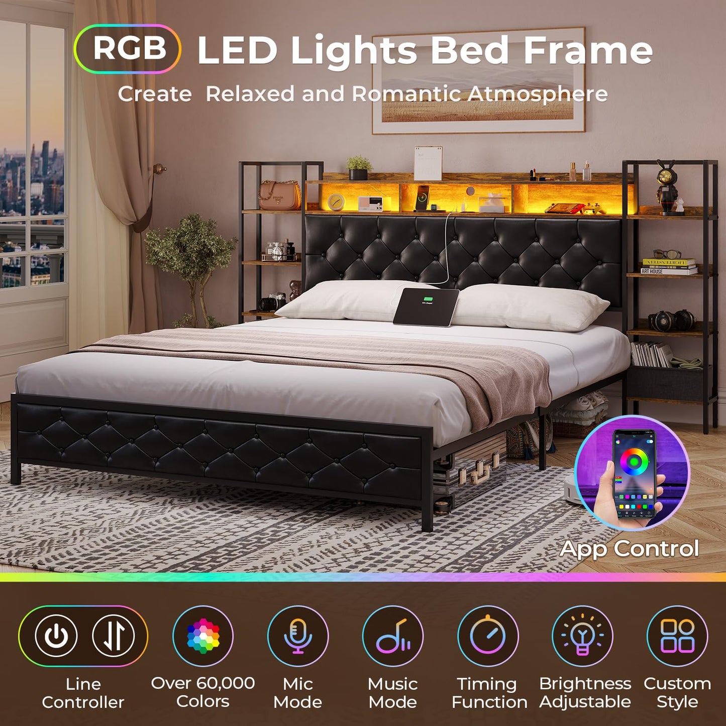 Modern DICTAC Queen Metal Platform Bed Frame with Storage Headboard, LED Lights & Charging Station in Black - WoodArtSupply