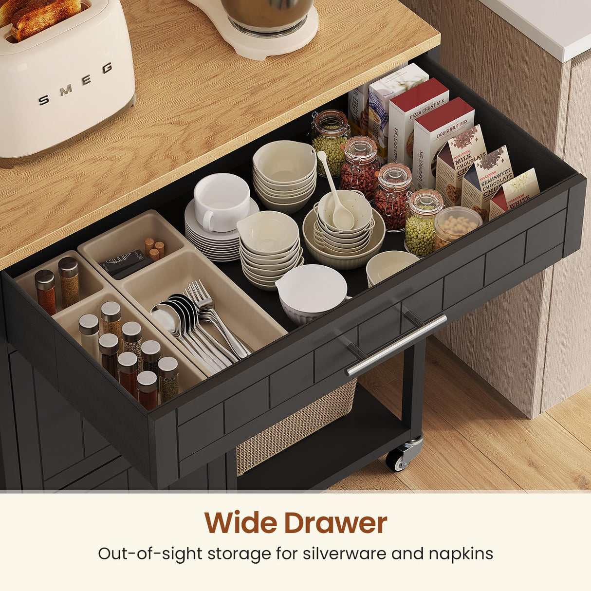 Itaar Kitchen Island with Storage, Rolling Kitchen Island Cart with Shelves and Drawers, Towel Rack, 8 S Hooks, Kitchen Cart on Wheels, for Home, Dining Room, Black Itaar