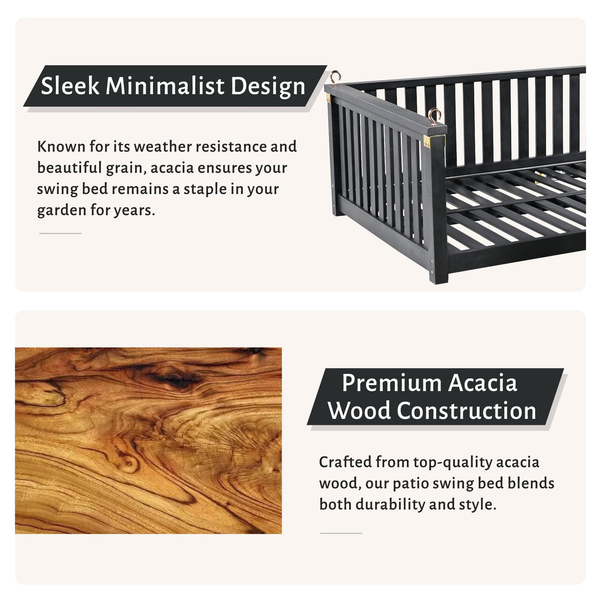 Wooden Porch Swing 2-Seater, Patio Swing Bed with Ropes and Safe Sloped Design, Outside Patio Swing for Backyard, Poolside (Gray) BEDGJH