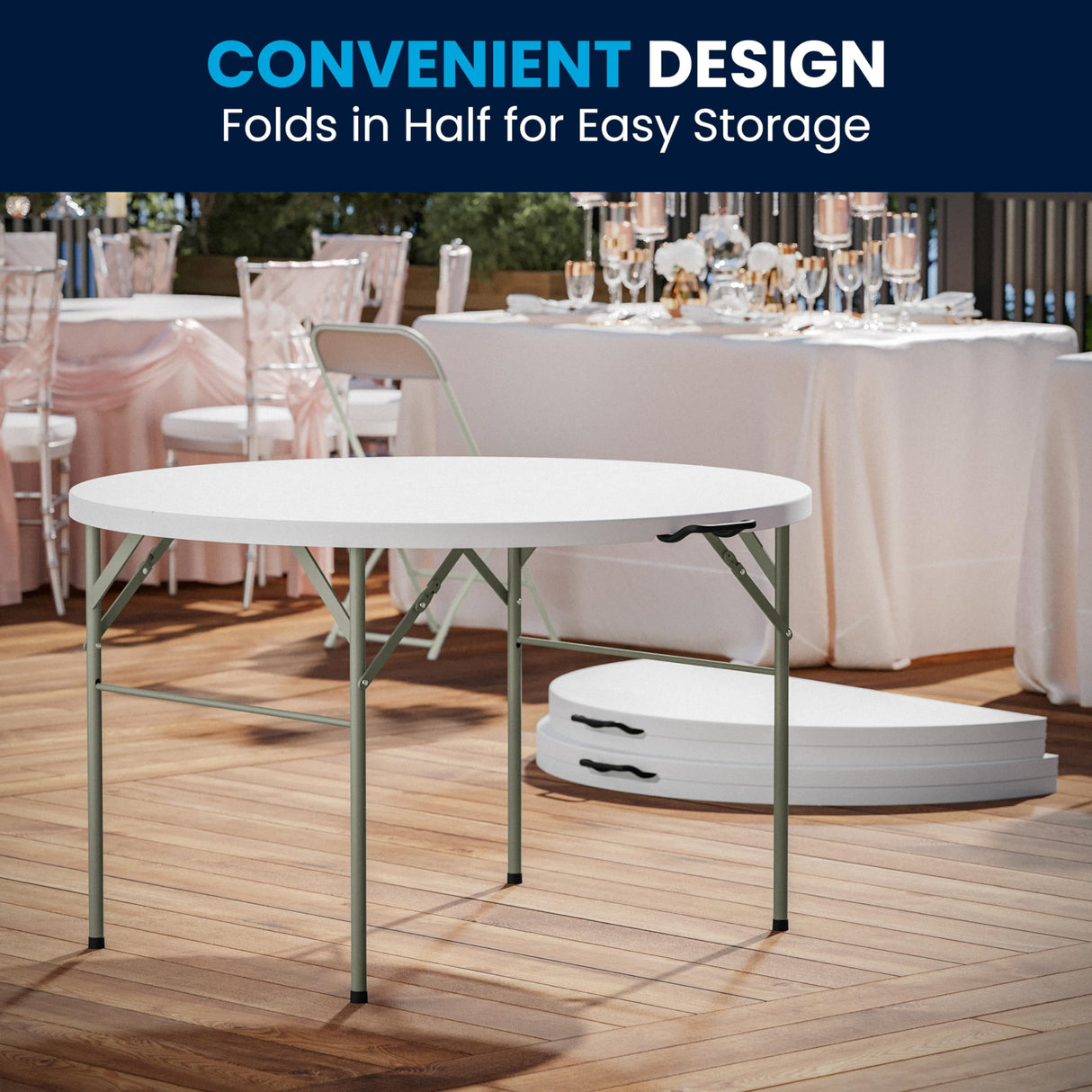 Flash Furniture Freeman 4' Round Plastic Folding Event Table with Carrying Handle, Bi-Fold Portable Banquet Table for Indoor/Outdoor Events, White Flash Furniture